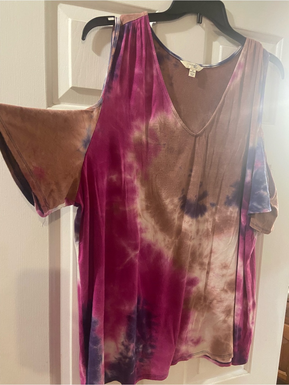 Terra & Sky 3X Tie-Dye Cold-Shoulder V-Neck shirt - Pink, Brown, Purple - Picture 2 of 5